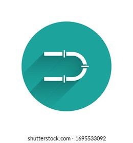 White Industry metallic pipe icon isolated with long shadow. Green circle button. Vector Illustration