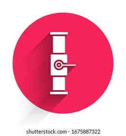 White Industry metallic pipe and valve icon isolated with long shadow. Red circle button. Vector Illustration