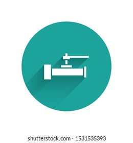 White Industry metallic pipes and valve icon isolated with long shadow. Green circle button. Vector Illustration