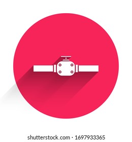 White Industry metallic pipes and valve icon isolated with long shadow. Red circle button. Vector Illustration