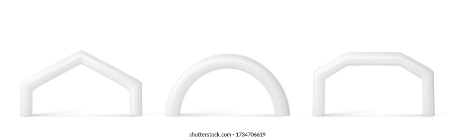 Arco inflable blanco para eventos deportivos, raza, maratón, carrera o triatlón. Conjunto de tubos de globo en blanco realistas vectoriales diferentes formas para publicidad inicial y final de pantalla o patrocinio