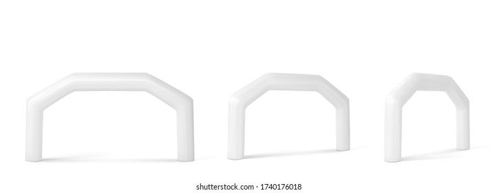 White Inflatable Arch For Sport Events, Race, Marathon, Run Or Triathlon. Vector Realistic Set Of Blank Balloon Tubes For Start And Finish Display Or Sponsorship Advertising Front And Angle View