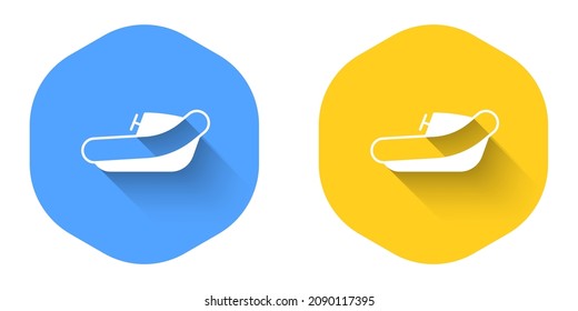 White Inflatable boat with outboard motor icon isolated with long shadow background. Circle button. Vector