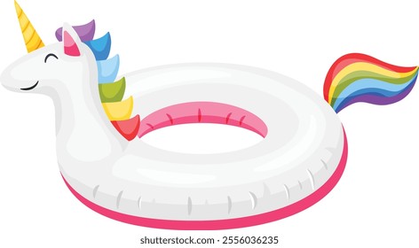 White inflatable swimming ring shaped like a unicorn with colorful mane and rainbow tail floating on a white background representing summer fun and pool parties