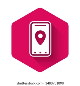 White Infographic of city map navigation icon isolated with long shadow. Mobile App Interface concept design. Geolacation concept. Pink hexagon button. Vector Illustration
