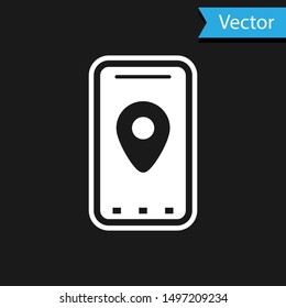 White Infographic of city map navigation icon isolated on black background. Mobile App Interface concept design. Geolacation concept.  Vector Illustration