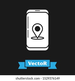 White Infographic of city map navigation icon isolated on black background. Mobile App Interface concept design. Geolacation concept.  Vector Illustration