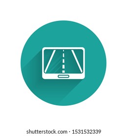 White Infographic of city map navigation icon isolated with long shadow. Mobile App Interface concept design. Geolacation concept. Green circle button. Vector Illustration