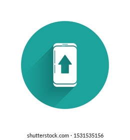 White Infographic of city map navigation icon isolated with long shadow. Mobile App Interface concept design. Geolacation concept. Green circle button. Vector Illustration