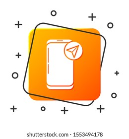 White Infographic of city map navigation icon isolated on white background. Mobile App Interface concept design. Geolacation concept. Orange square button. Vector Illustration