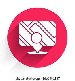 White Infographic of city map navigation icon isolated with long shadow. Mobile App Interface concept design. Geolacation concept. Red circle button. Vector Illustration