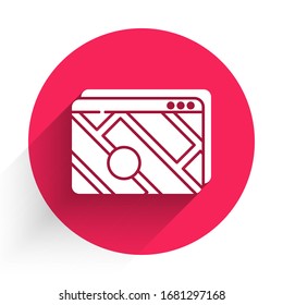 Infografía blanca del icono de navegación del mapa de la ciudad aislado con una gran sombra. Diseño de concepto de Interfaz de aplicación móvil. Concepto de geolacación. Botón de círculo rojo. Ilustración vectorial