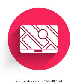 White Infographic of city map navigation icon isolated with long shadow. Mobile App Interface concept design. Geolacation concept. Red circle button. Vector Illustration