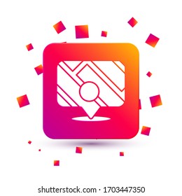 Infografía blanca del icono de navegación del mapa de la ciudad aislado en fondo blanco. Diseño de concepto de Interfaz de aplicación móvil. Concepto de geolacación. Botón Color cuadrado. Ilustración vectorial