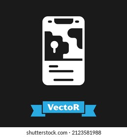 White Infographic of city map navigation icon isolated on black background. Mobile App Interface concept design. Geolacation concept.  Vector