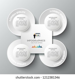 White Infographic design with 4 options circles on the grey background. Can be used for workflow layout, diagram, graph, chart, diagram, web design.