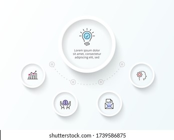 Weiße Infografik-Designvorlage. Flussdiagramm mit vier Kreiselementen. Konzept von 5 Stufen der Geschäftsstrategie. Saubere Vektorgrafik für die Präsentation.