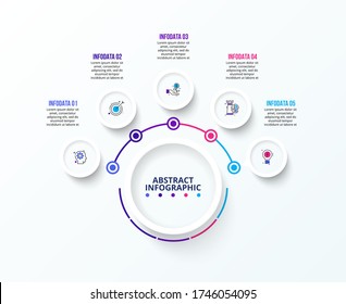 White infographic design template. Flowchart with five circle elements. Concept of 5 steps of business strategy. Clean vector illustration for presentation.