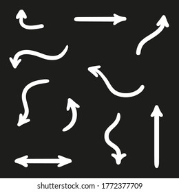 White infographic elements on isolated black background. Hand drawn wavy arrows. Black and white illustration