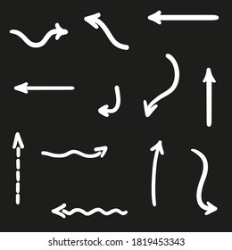 White infographic elements on isolated black background. Hand drawn wavy arrows. Black and white illustration