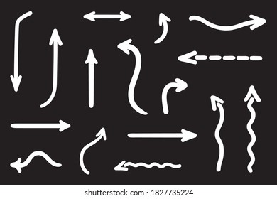Weiße Infografiken auf isoliertem schwarzem Hintergrund. Handgezeichnete Pfeile. Schwarz-Weiß-Illustration