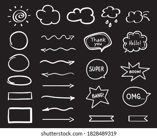 White infographic elements on isolated black background. Hand drawn arrows. Black and white illustration