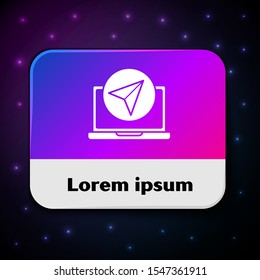White Infographic navigation icon isolated on black background. Laptop App Interface concept design. Geolacation concept. Rectangle color button. Vector Illustration
