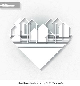 White infographic template with abstract city silhouette inscribed into heart shape. Eps10