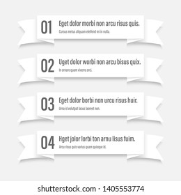 White Infographics banners. A vivid illustration of the layout of the labels banner. Colored ribbon labels with a set of steps. A template for the web design. All elements are isolated.EPS 10.