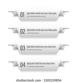 White Infographics banners. A vivid illustration of the layout of the labels banner. Colored ribbon labels with a set of steps. A template for the web design. All elements are isolated.EPS 10.