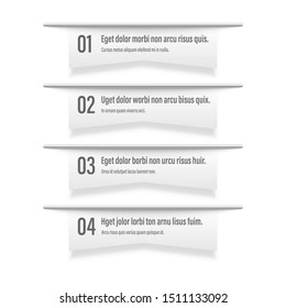White Infographics banners. A vivid illustration of the layout of the labels banner. Colored ribbon labels with a set of steps. A template for the web design. All elements are isolated.EPS 10.