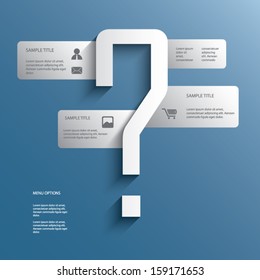 White infographics menu options with question mark in the middle suitable for business presentations or brochures