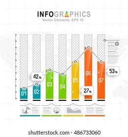 White infographics set with blue, green and orange elements. Vector information graphics