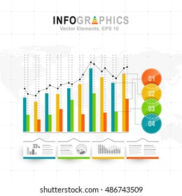 White infographics set with blue, green and orange elements. Vector information graphics