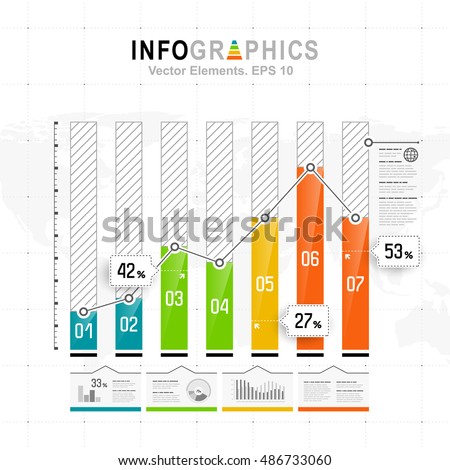 White infographics set with blue, green and orange elements. Vector information graphics