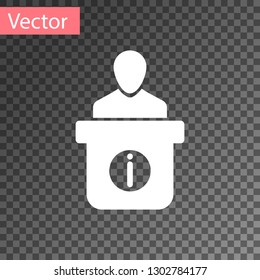 White Information desk icon isolated on transparent background. Man silhouette standing at information desk. Help person symbol. Information counter icon. Vector Illustration