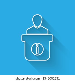 White Information desk icon isolated with long shadow. Man silhouette standing at information desk. Help person symbol. Information counter icon. Vector Illustration