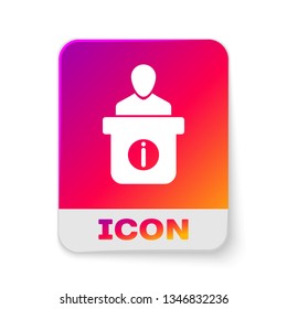 White Information desk icon isolated on white background. Man silhouette standing at information desk. Help person symbol. Information counter icon. Rectangle color button. Vector Illustration