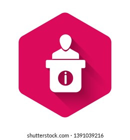 White Information desk icon isolated with long shadow. Man silhouette standing at information desk. Help person symbol. Information counter icon. Pink hexagon button. Vector Illustration