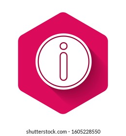White Information icon isolated with long shadow. Pink hexagon button. Vector Illustration