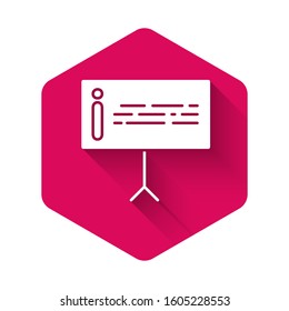 White Information icon isolated with long shadow. Pink hexagon button. Vector Illustration