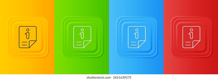 Icono blanco de la información aislado en fondo colorido. Establecer íconos en Botones cuadrados. Vector