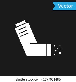 White Inhaler icon isolated on black background. Breather for cough relief, inhalation, allergic patient. Medical allergy asthma inhaler spray.  Vector Illustration