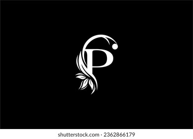 diseño del logotipo P de la letra inicial blanca con hermosos adornos de hojas y flores. P Monogramas. Logo de la tipografía P. pluma dorada. Adecuado para logotipos de empresas, empresas, boutiques, belleza, etc.