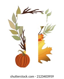 White initial letter T, behind flowers and other vegetation