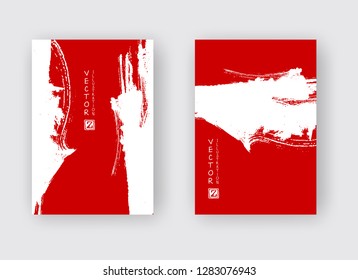 White ink brush stroke on redbackground. Japanese style. Vector illustration of grunge abstract stains.