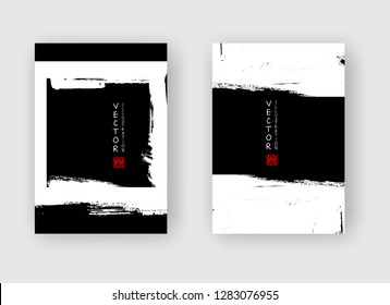 White ink brush stroke on black background. Japanese style. Vector illustration of grunge abstract stains.