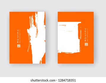 White ink brush stroke on orange background. Japanese style. Vector illustration of grunge abstract stains.