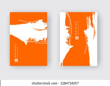 White ink brush stroke on orange background. Japanese style. Vector illustration of grunge abstract stains.