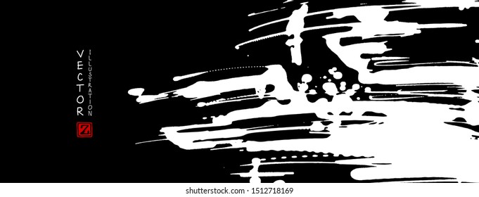 White ink brush stroke on black background. Japanese style. Vector illustration of grunge stains